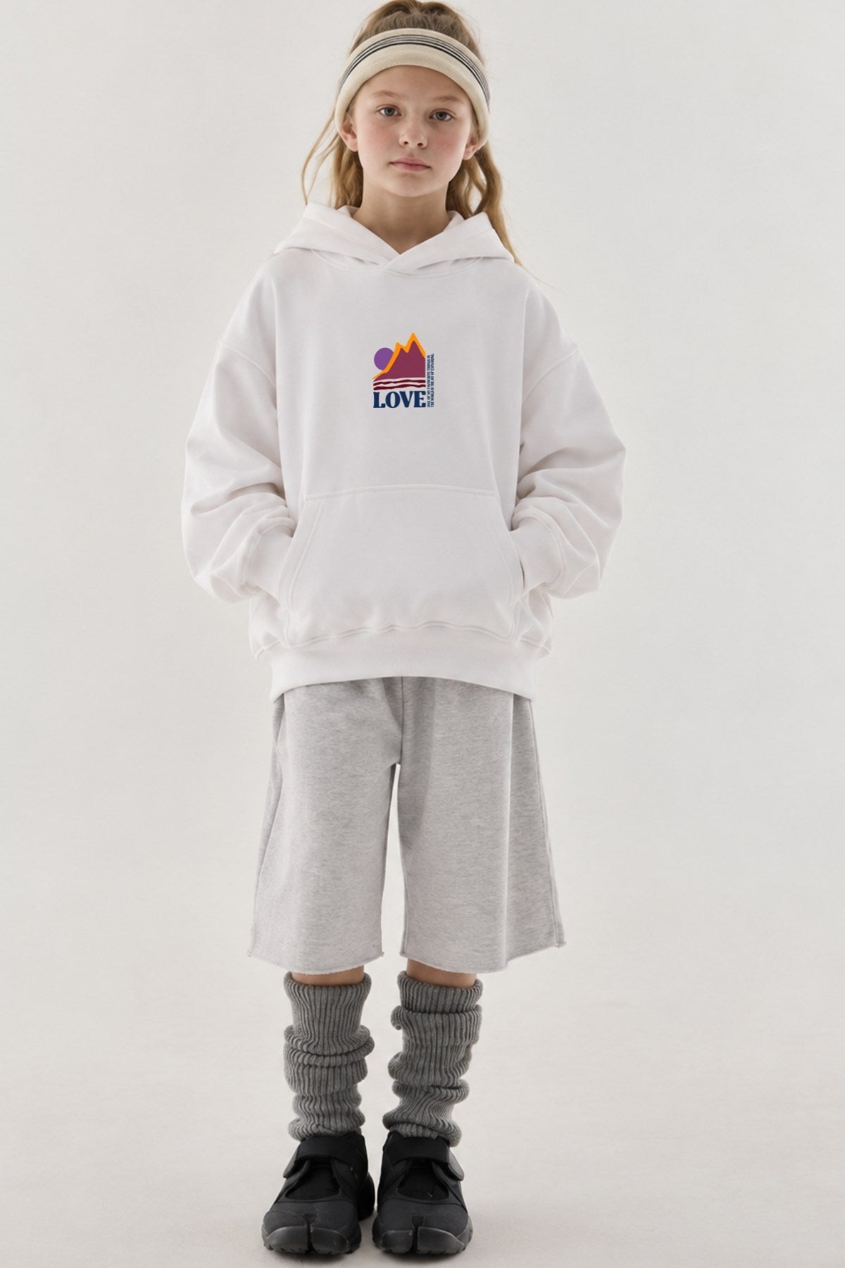 Kız Çocuk Oversize Hoodie Love Mount Baskılı Beyaz – Kapüşonlu, Cepli, 3 İplik Polar