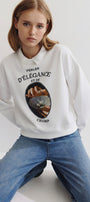 Kadın Oversize Sweatshirt Perles d’Élégance Baskılı Beyaz – Bisiklet Yaka, 3 İplik Şardonlu Polar