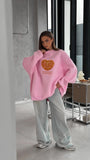 Kadın Oversize Sweatshirt Elbise Bakery Kalpli Palmier Baskılı Pembe – Bisiklet Yaka, 3 İplik Polar