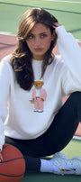 Kadın Oversize Sweatshirt Pink Suit Bear 3D Baskılı Beyaz – Bisiklet Yaka, 3 İplik Şardonlu Polar