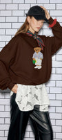 Kadın Oversize Sweatshirt City Club Bear Baskılı Kahverengi – Bisiklet Yaka, 3 İplik Şardonlu Polar