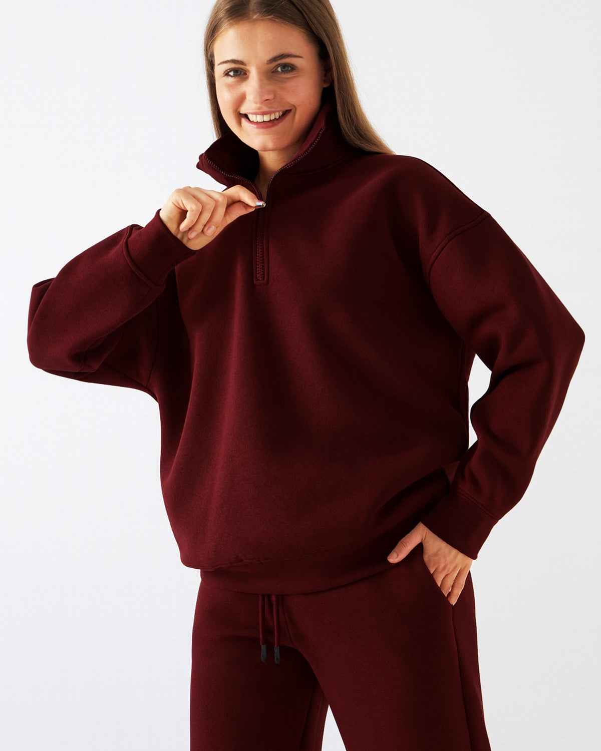 Unisex Oversize Sweatshirt Basic Bordo – Yarım Fermuar Dik Yaka, 3 İplik Şardonlu Polar