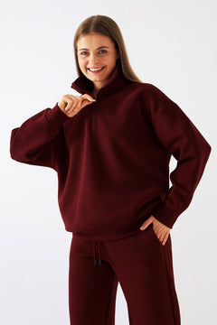 Unisex Oversize Sweatshirt Basic Bordo – Yarım Fermuar Dik Yaka, 3 İplik Şardonlu Polar
