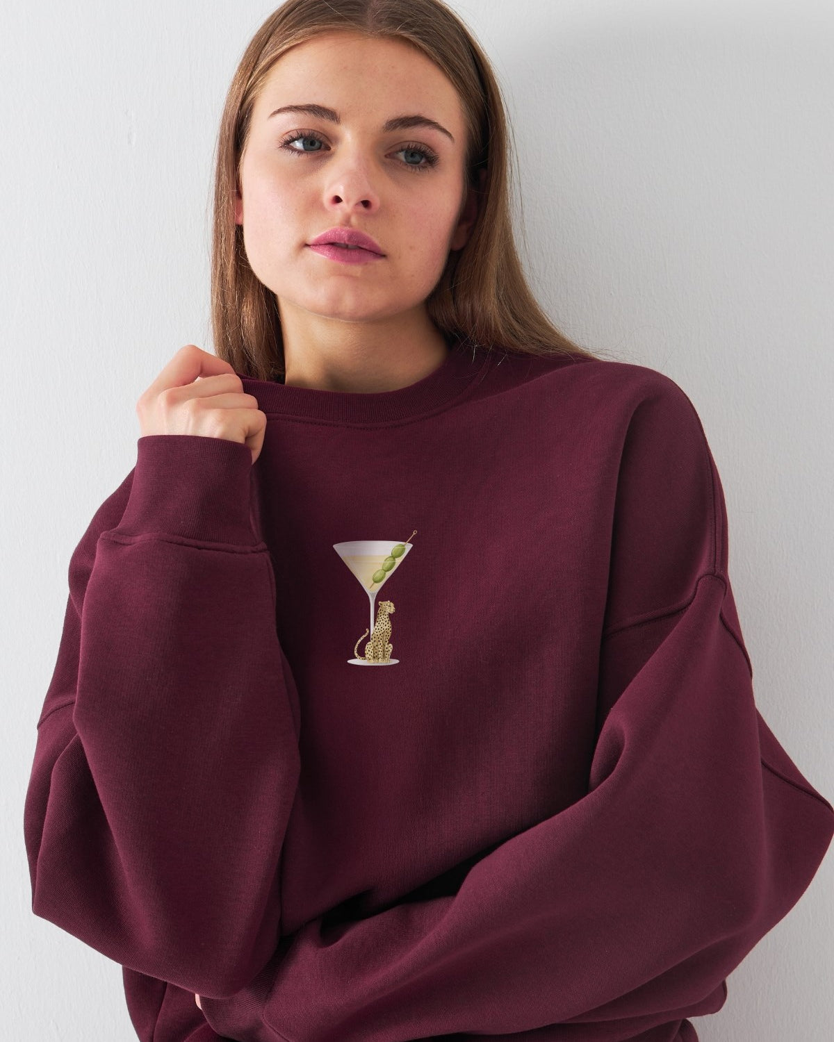 Kadın Oversize Sweatshirt Martini Leopard Baskılı Bordo – Bisiklet Yaka, 3 İplik Şardonlu Polar