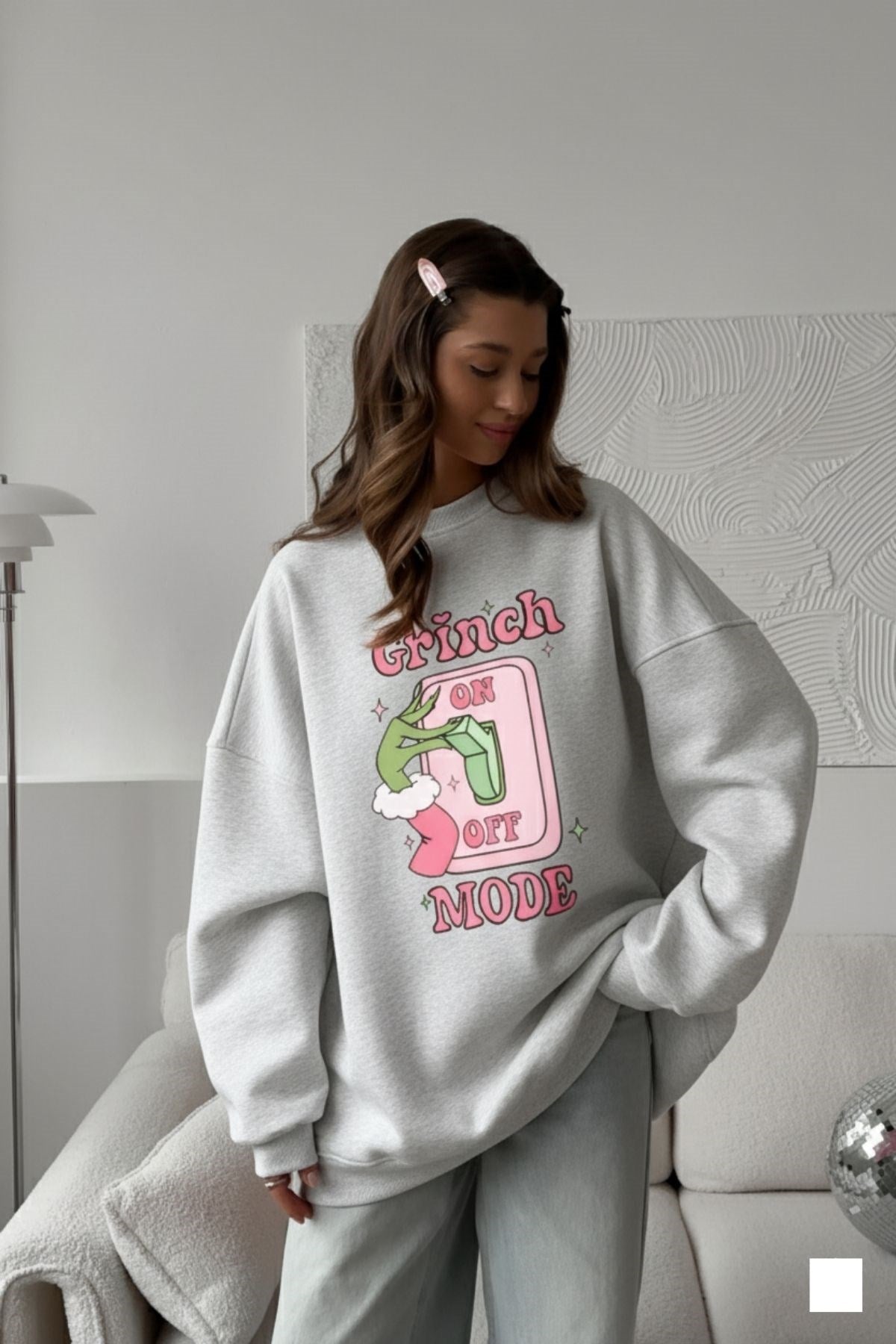 Kadın Oversize Sweatshirt Elbise Grinch Mode Baskılı Gri Melanj – Bisiklet Yaka, 3 İplik Polar