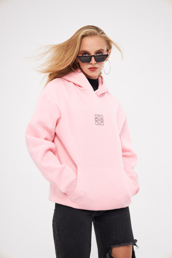 Kapüşonlu İçi Polar Taş Baskılı Pembe Oversize Hoodie Sweatshirt