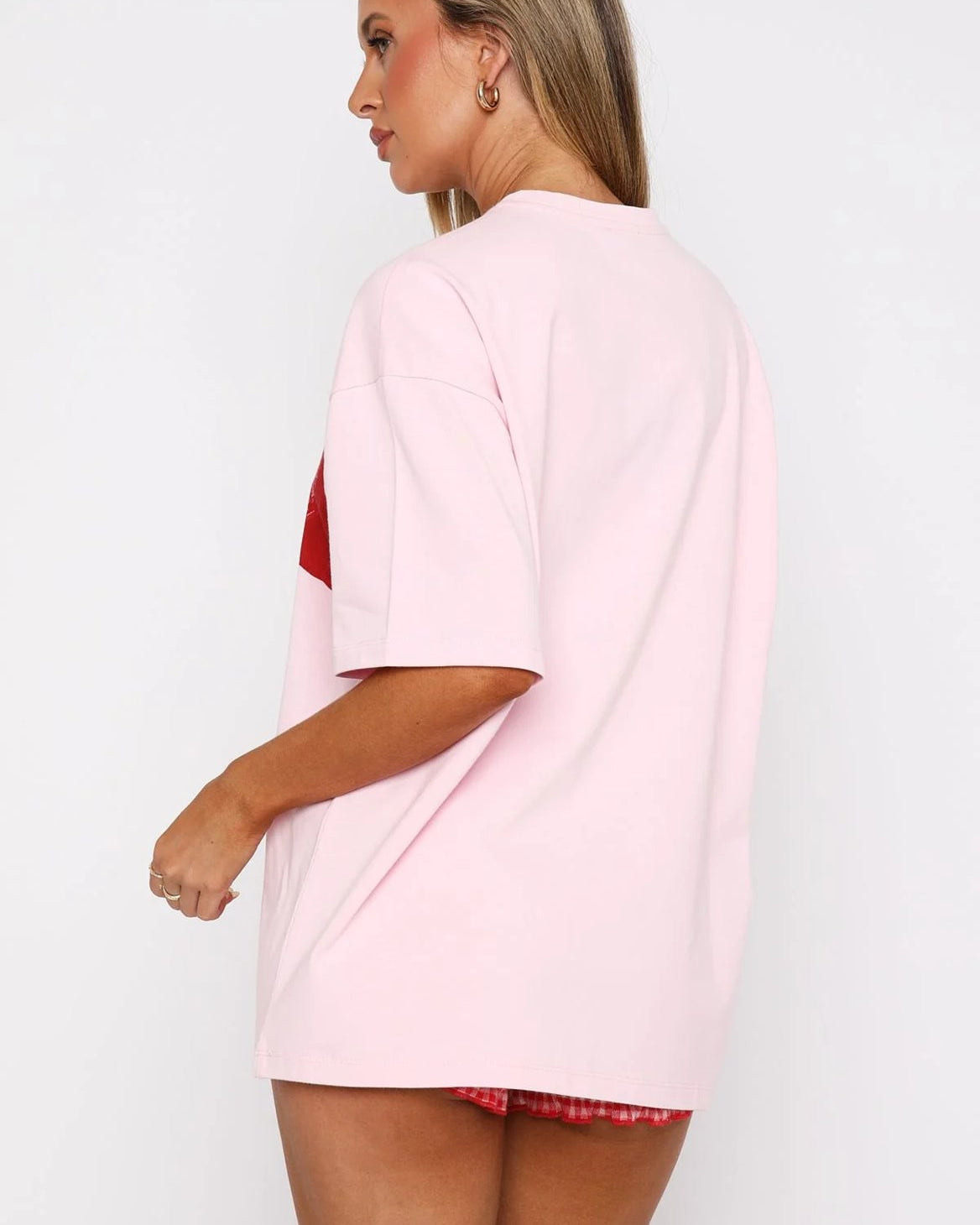 Dantel Bralet Baskılı Pembe Oversize  %100 Pamuk Kadın T-shirt