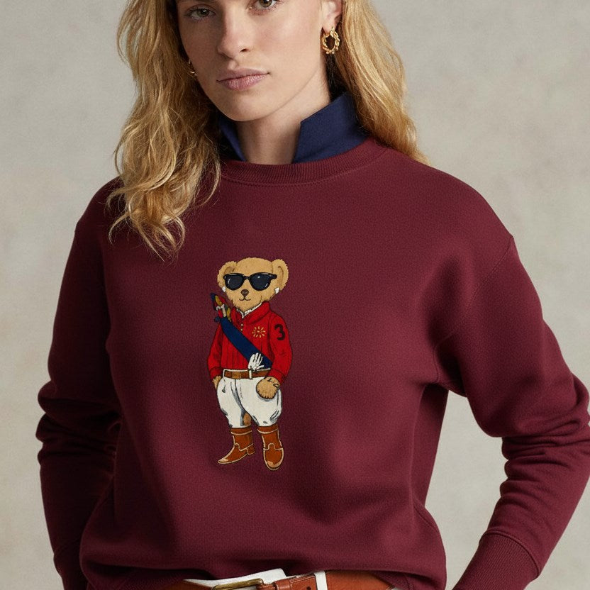 Kadın Oversize Sweatshirt Regatta Bear Baskılı Bordo – Bisiklet Yaka, 3 İplik Şardonlu