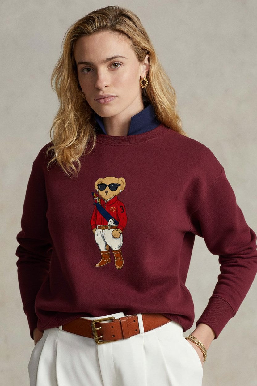 Kadın Oversize Sweatshirt Regatta Bear Baskılı Bordo – Bisiklet Yaka, 3 İplik Şardonlu
