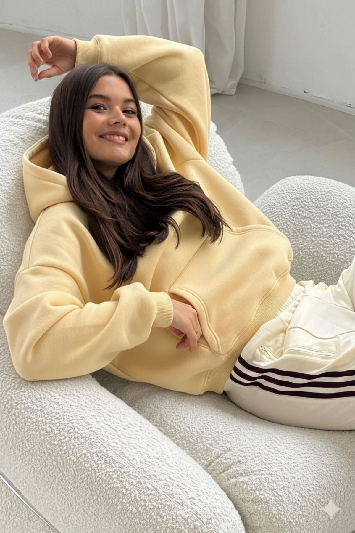 Kadın Oversize Sweatshirt Hoodie CHMP SUDIOS Sarı – Kapüşonlu, 3 İplik , Kanguru Cepli