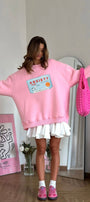 Kadın Oversize Sweatshirt Elbise Anxiety Bar Baskılı Pembe – Bisiklet Yaka, 3 İplik Şardonlu Polar