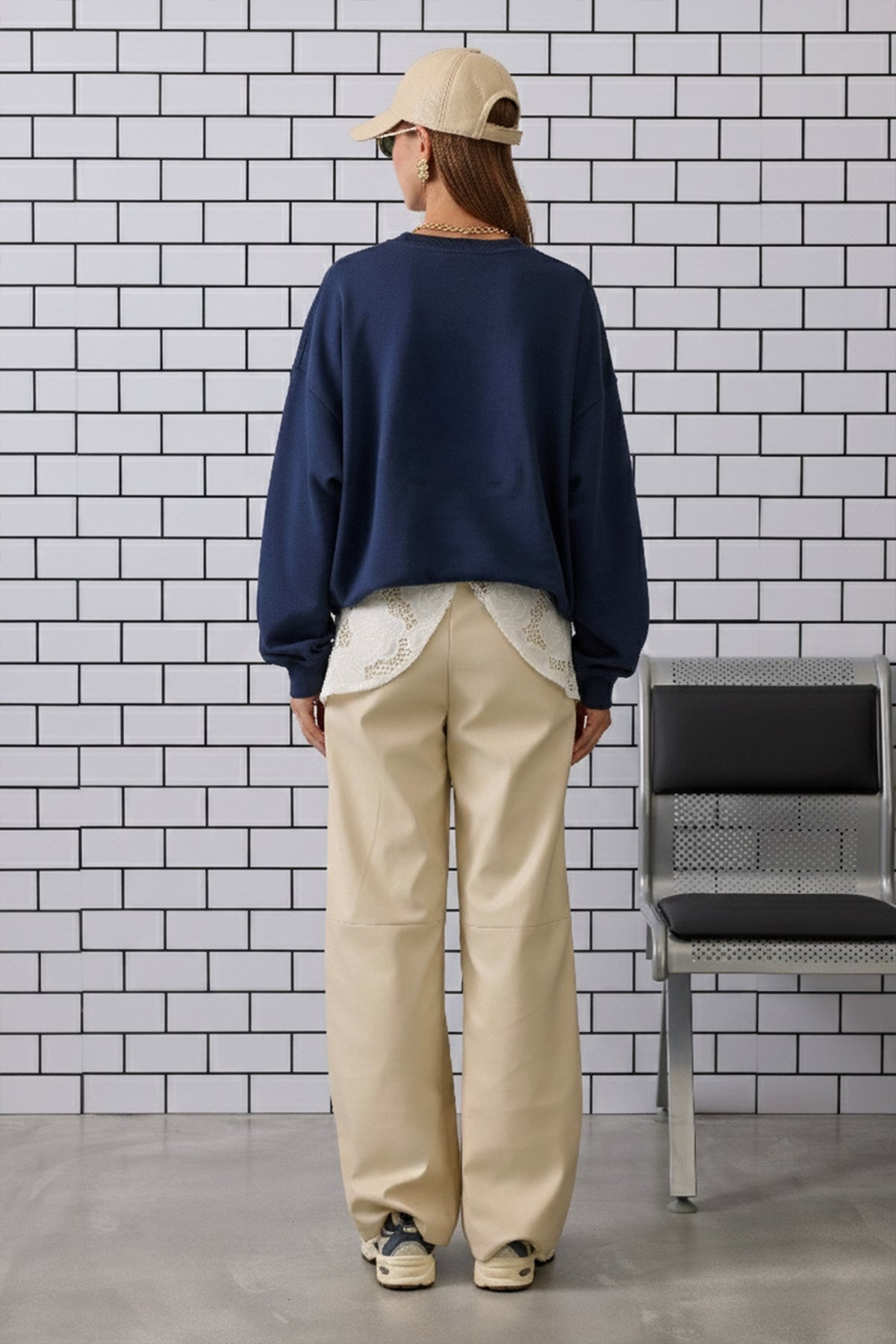 Kadın Oversize Sweatshirt Preppy Girl Bear Baskılı Lacivert – Bisiklet Yaka, 3 İplik Şardonlu Polar