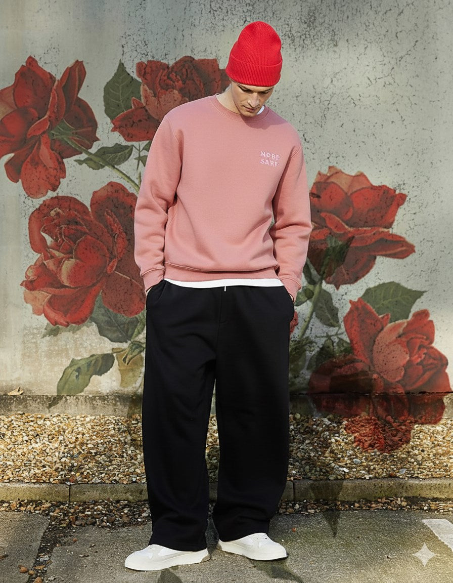 Unisex Oversize Sweatshirt Norf Sarf Harita Baskılı Pembe – Bisiklet Yaka, 3 İplik Şardonlu Polar