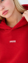 Kadın Oversize Hoodie Amore Baskılı Kırmızı – Kapüşonlu, Kanguru Cepli, 3 İplik Şardonlu Polar