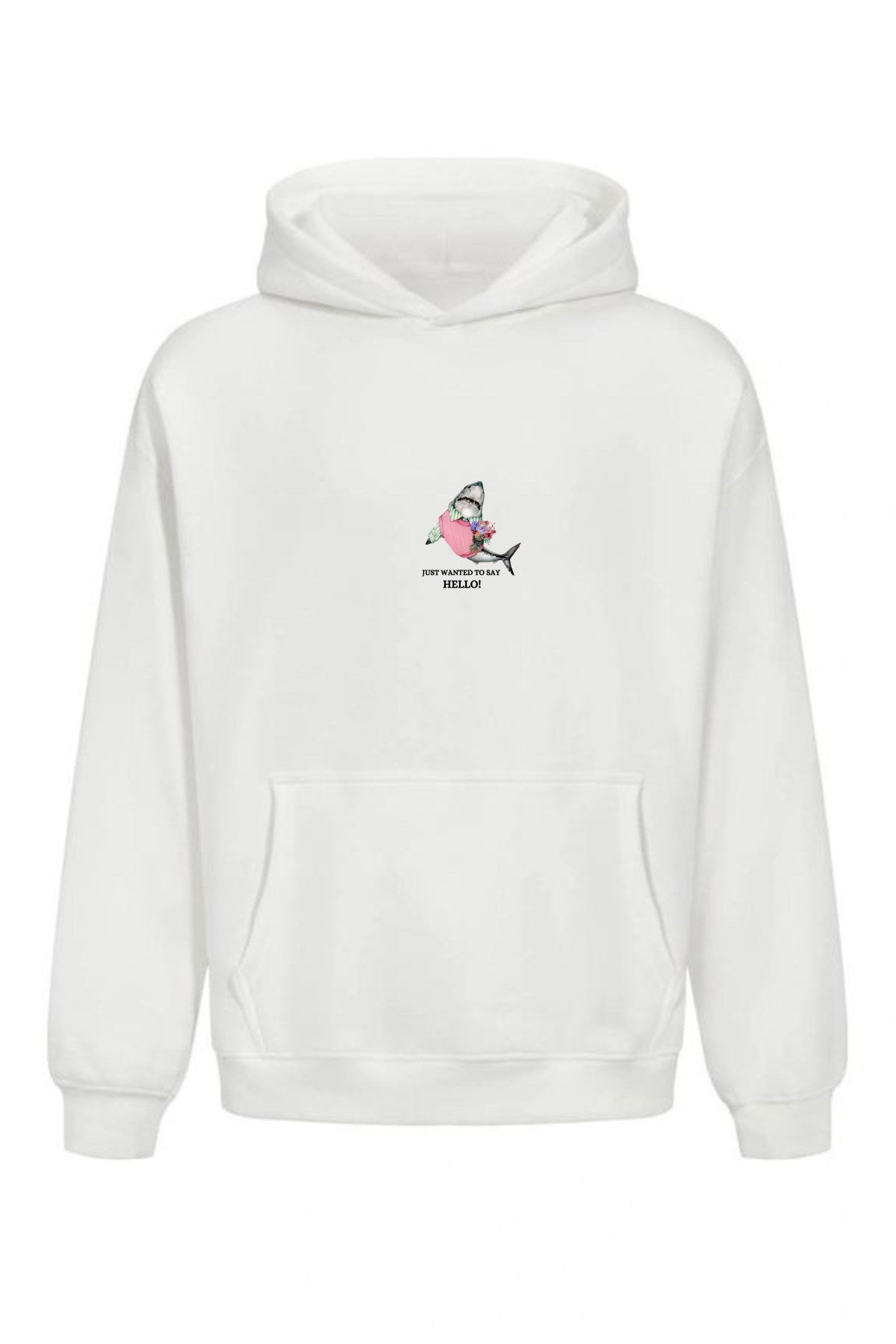 Erkek Oversize Sweatshirt Hoodie Shark Hello Beyaz – Kapüşonlu, 3 İplik Polar, Kanguru Cepli