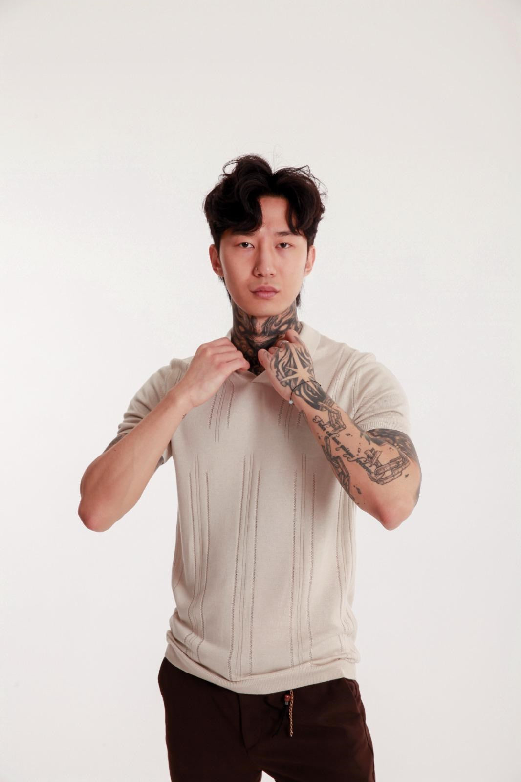 Erkek Bej Polo Yaka Triko Tişört – Kısa Kollu, Yazlık Modern Slim Fit Örgü Model