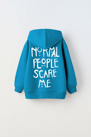 Kapüşonlu İçi Polar Normal People Scare Me Baskılı Mavi Unisex Çocuk Hoodie Sweatshirt