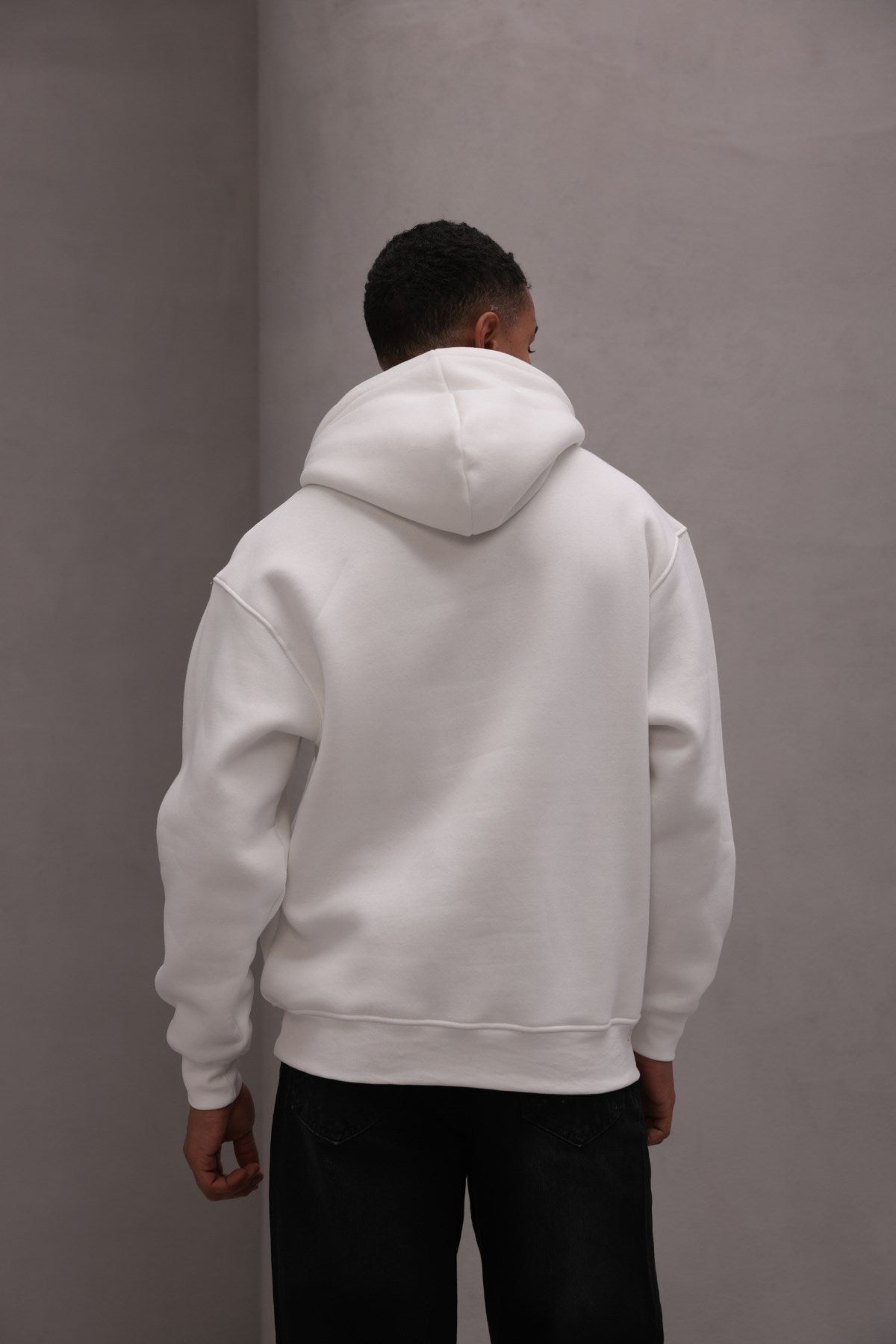 Erkek Oversize Sweatshirt Hoodie CHMP Yazlı Baskılı Beyaz – Kapüşonlu, 3 İplik Polar, Kanguru Cepli