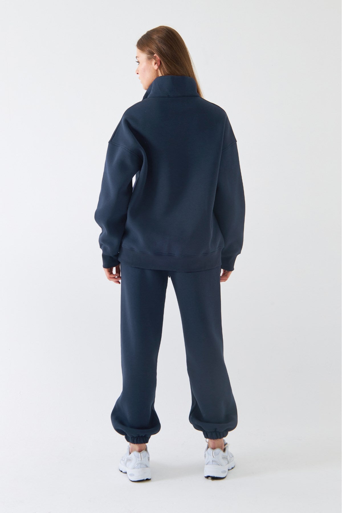 Unisex Oversize Sweatshirt Basic Marine – Yarım Fermuar Dik Yaka, 3 İplik Şardonlu Polar