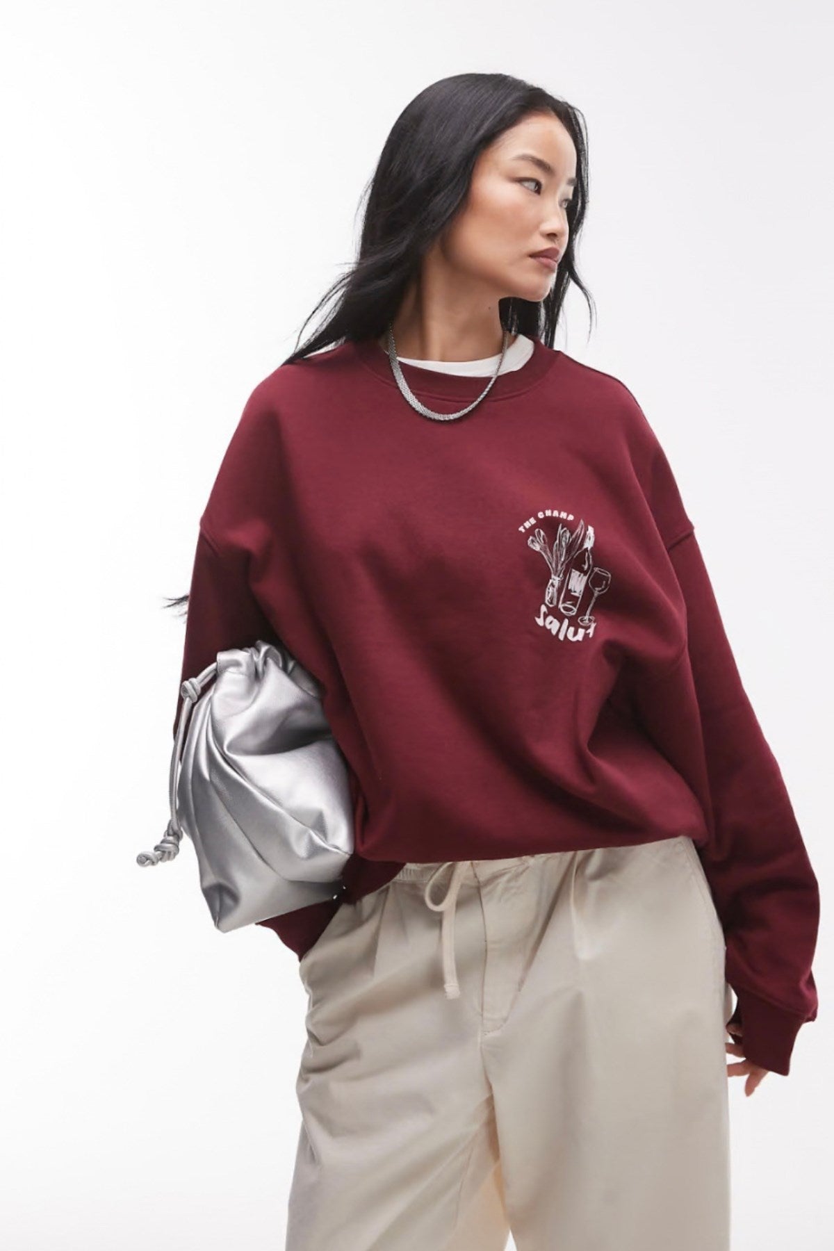 Oversize Unisex Sweatshirt Bordo – 3 İplik Şardonlu Polar Kumaş, Bisiklet Yaka, Salut Arka Baskılı