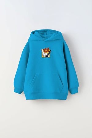 Kapüşonlu İçi Polar Satranç Cartoon Baskılı Mavi Unisex Çocuk Hoodie Sweatshirt