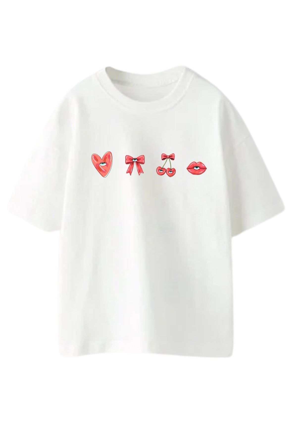 Kız Çocuk Oversize Tişört Cherry Kiss Baskılı Beyaz – Bisiklet Yaka, Rahat Kalıp, %100 Pamuk