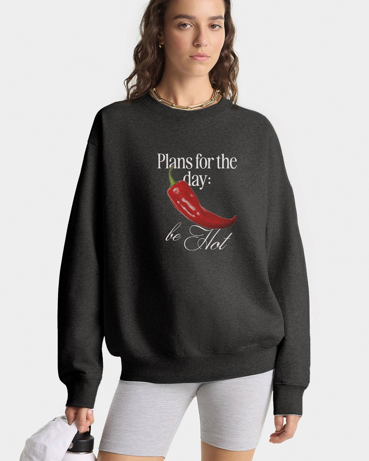 Kadın Oversize Sweatshirt Be Hot Baskılı Füme Melanj – Bisiklet Yaka, 3 İplik Şardonlu Polar