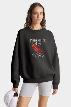 Kadın Oversize Sweatshirt Be Hot Baskılı Füme Melanj – Bisiklet Yaka, 3 İplik Şardonlu Polar