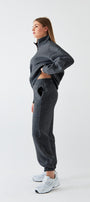 Unisex Oversize Sweatshirt Basic Füme Melanj – Yarım Fermuar Dik Yaka, 3 İplik Şardonlu Polar