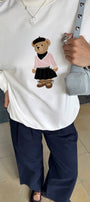 Kadın Oversize Sweatshirt Ballerina Bear Baskılı Beyaz – Bisiklet Yaka, 3 İplik Şardonlu Polar