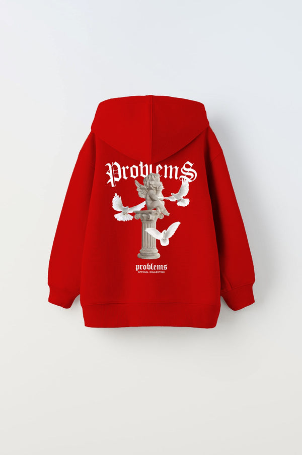 Kapüşonlu İçi Polar Problems Yazılı Heykel Baskılı Kırmızı Unisex Çocuk Hoodie Sweatshirt