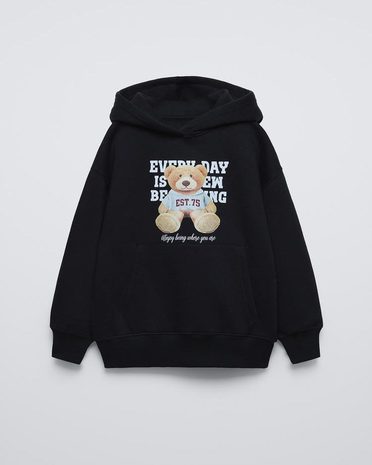 Siyah Çocuk Every Day Is EM Being Yazılı Ayıcıklı Kapüşonlu Oversize Sweatshirt