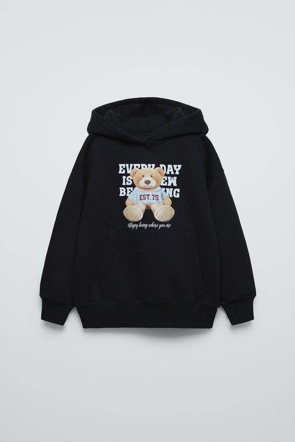 Siyah Çocuk Every Day Is EM Being Yazılı Ayıcıklı Kapüşonlu Oversize Sweatshirt