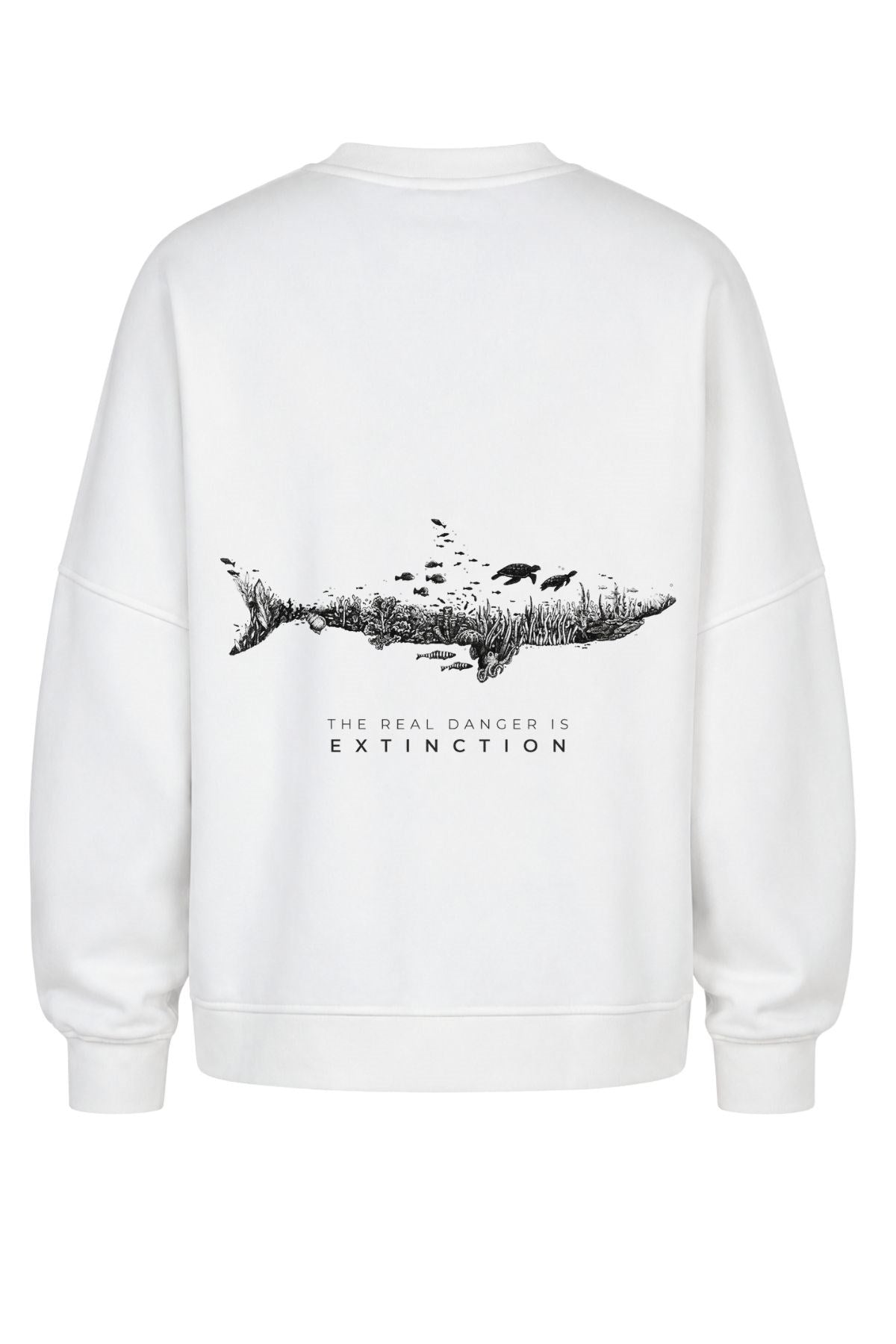Erkek Oversize Sweatshirt Extinction Baskılı Beyaz – Bisiklet Yaka, 3 İplik Şardonlu Polar