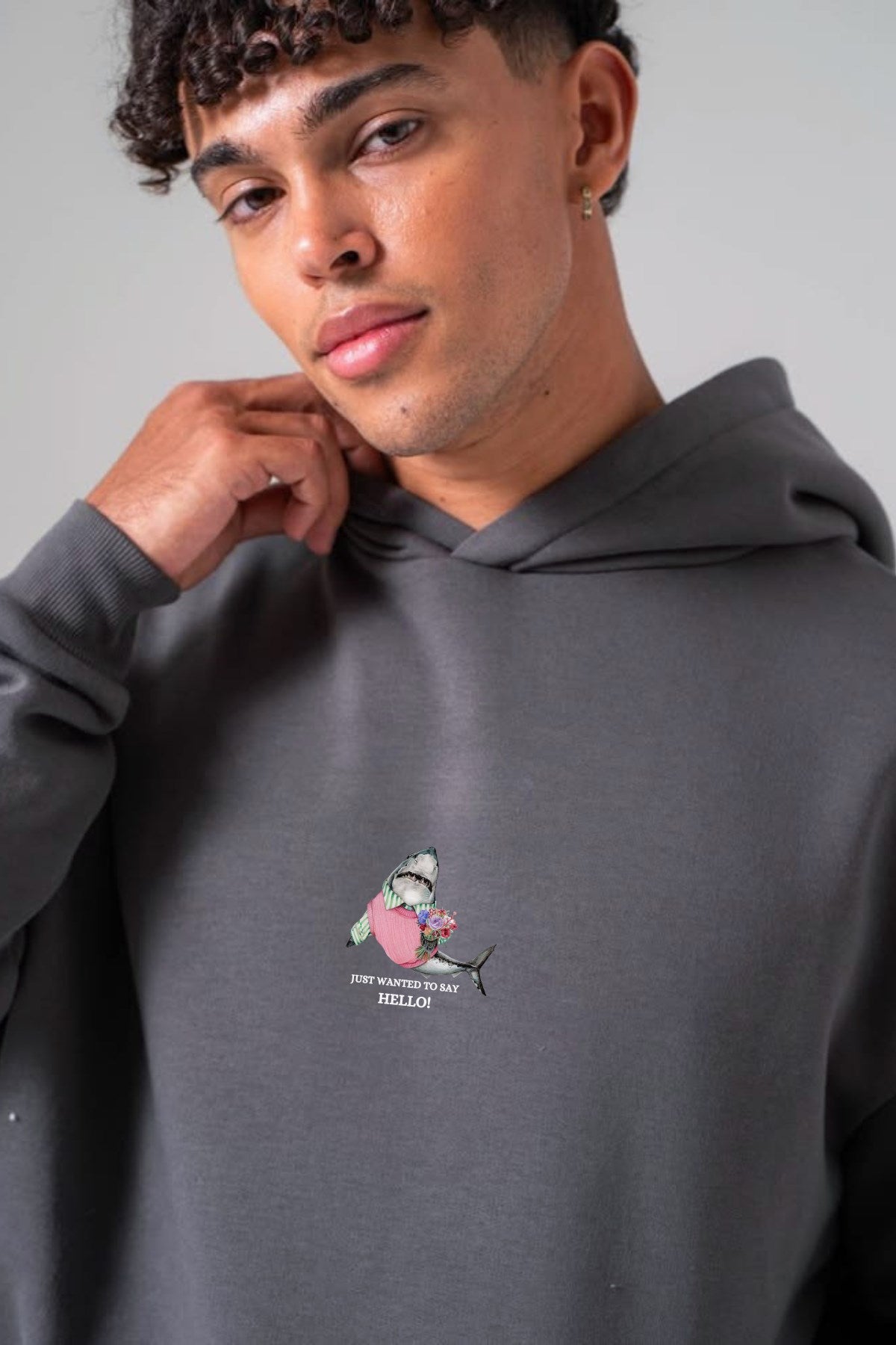 Erkek Oversize Sweatshirt Hoodie Shark Hello Füme – Kapüşonlu, 3 İplik Polar, Kanguru Cepli