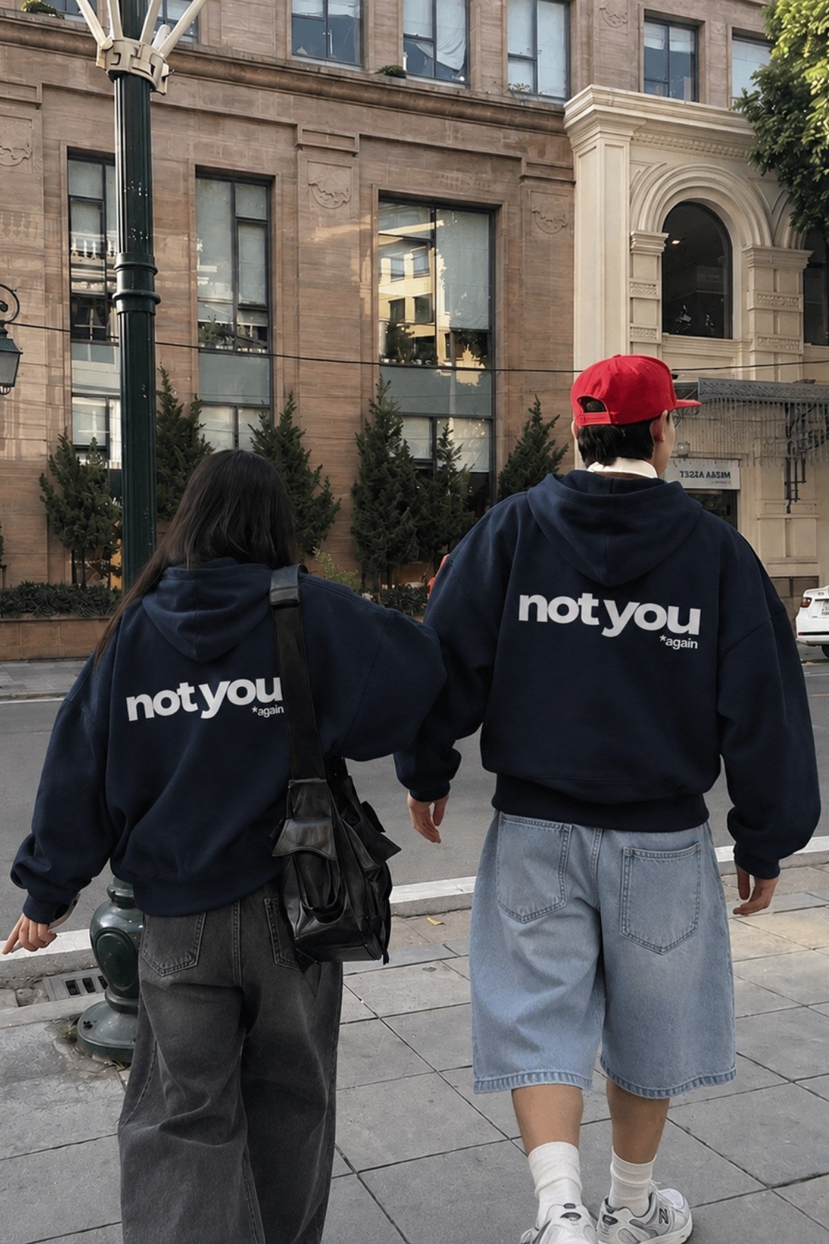 Unisex Oversize Hoodie Not You Again Baskılı Lacivert – Kapüşonlu, Kanguru Cepli, 3 İplik Şardonlu 