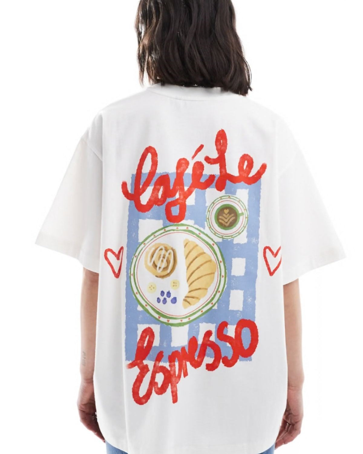 Kadın Beyaz Oversize Yazlık Tişört – Cafe Latte Espresso Kahve Temalı Ön Arka Baskılı Rahat Kalıp