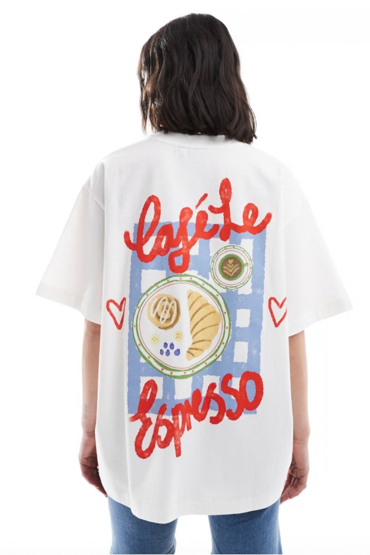 Kadın Beyaz Oversize Yazlık Tişört – Cafe Latte Espresso Kahve Temalı Ön Arka Baskılı Rahat Kalıp