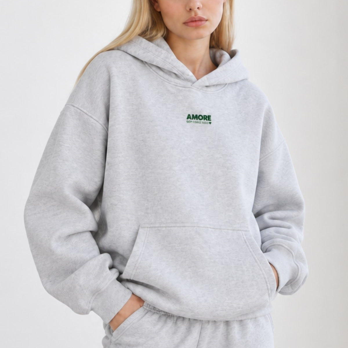 Kadın Oversize Hoodie Amore Baskılı Gri Melanj – Kapüşonlu, Kanguru Cepli, 3 İplik Şardonlu Polar