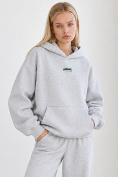 Kadın Oversize Hoodie Amore Baskılı Gri Melanj – Kapüşonlu, Kanguru Cepli, 3 İplik Şardonlu Polar