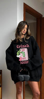 Kadın Oversize Sweatshirt Elbise Grinch Mode Baskılı Siyah – Bisiklet Yaka, 3 İplik Şardonlu Polar