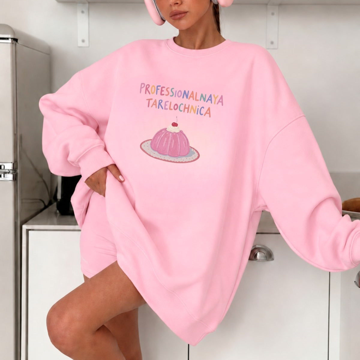 Kadın Oversize Sweatshirt Elbise Sweet Mood Baskılı Pembe – Bisiklet Yaka, 3 İplik Şardonlu Polar
