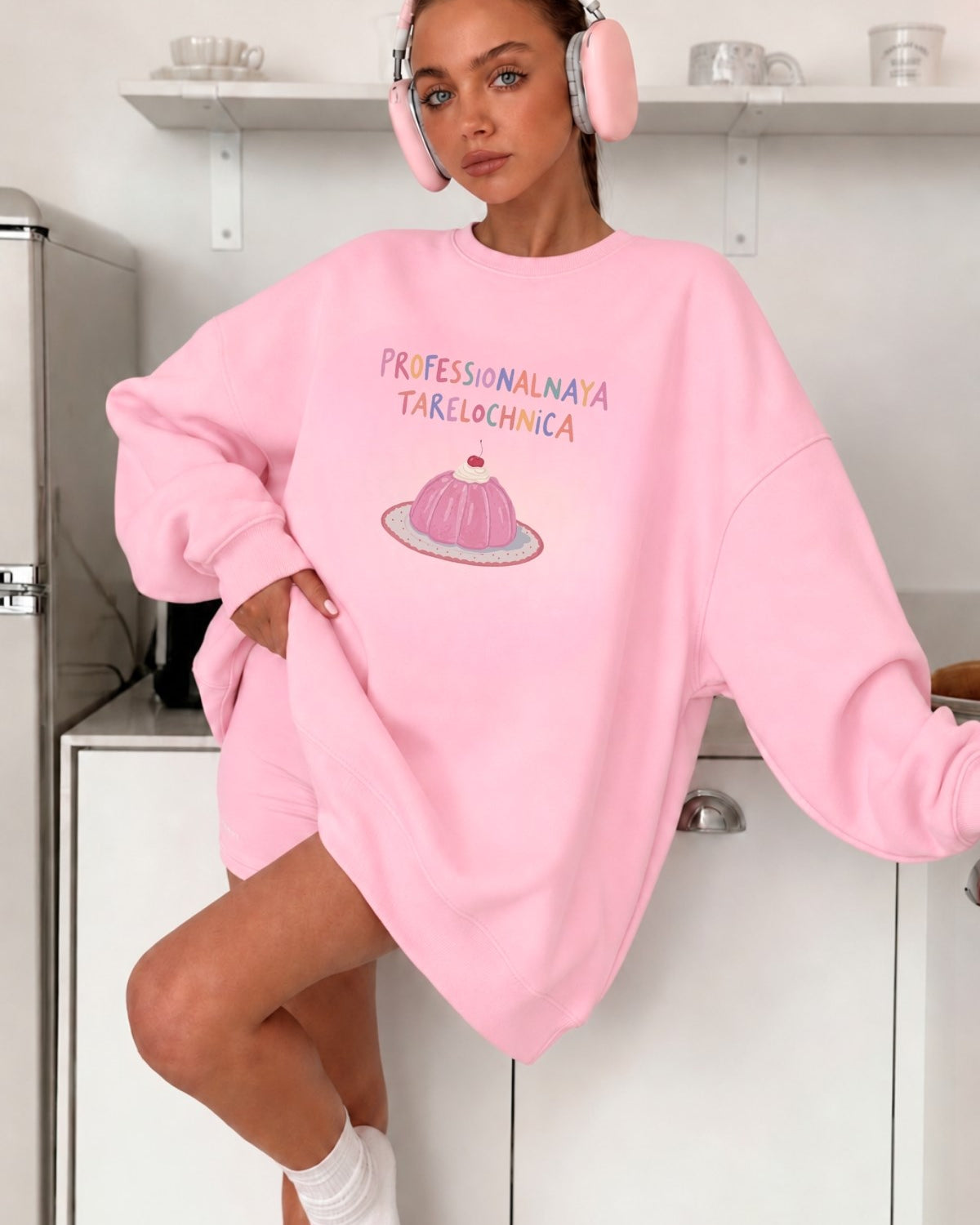 Kadın Oversize Sweatshirt Elbise Sweet Mood Baskılı Pembe – Bisiklet Yaka, 3 İplik Şardonlu Polar