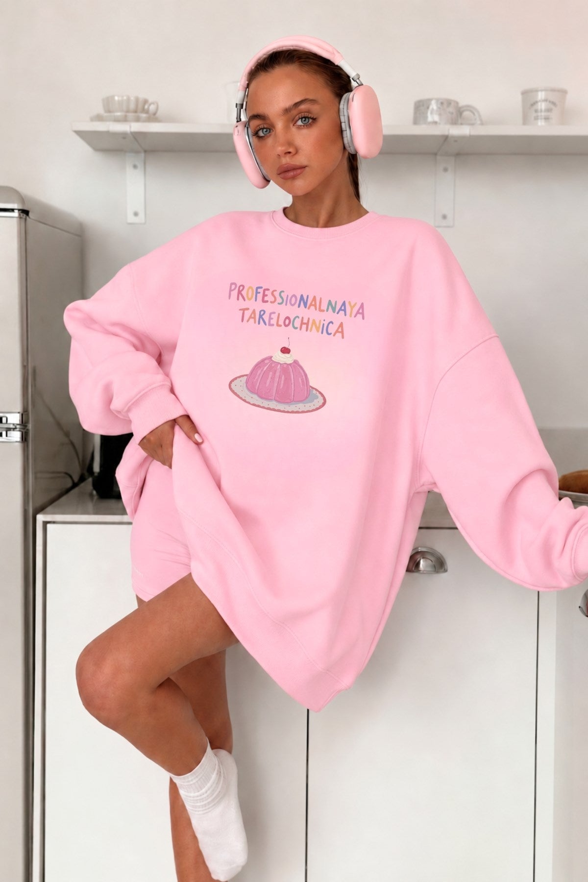 Kadın Oversize Sweatshirt Elbise Sweet Mood Baskılı Pembe – Bisiklet Yaka, 3 İplik Şardonlu Polar