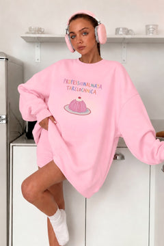 Kadın Oversize Sweatshirt Elbise Sweet Mood Baskılı Pembe – Bisiklet Yaka, 3 İplik Şardonlu Polar