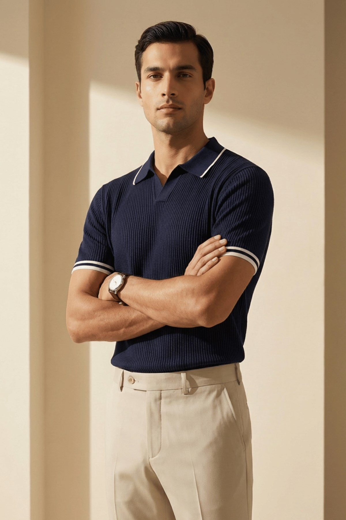 Erkek Fitilli Triko Polo Yaka Tişört Lacivert - Polo Çizgili Yaka, Fit, Yazlık, Örme