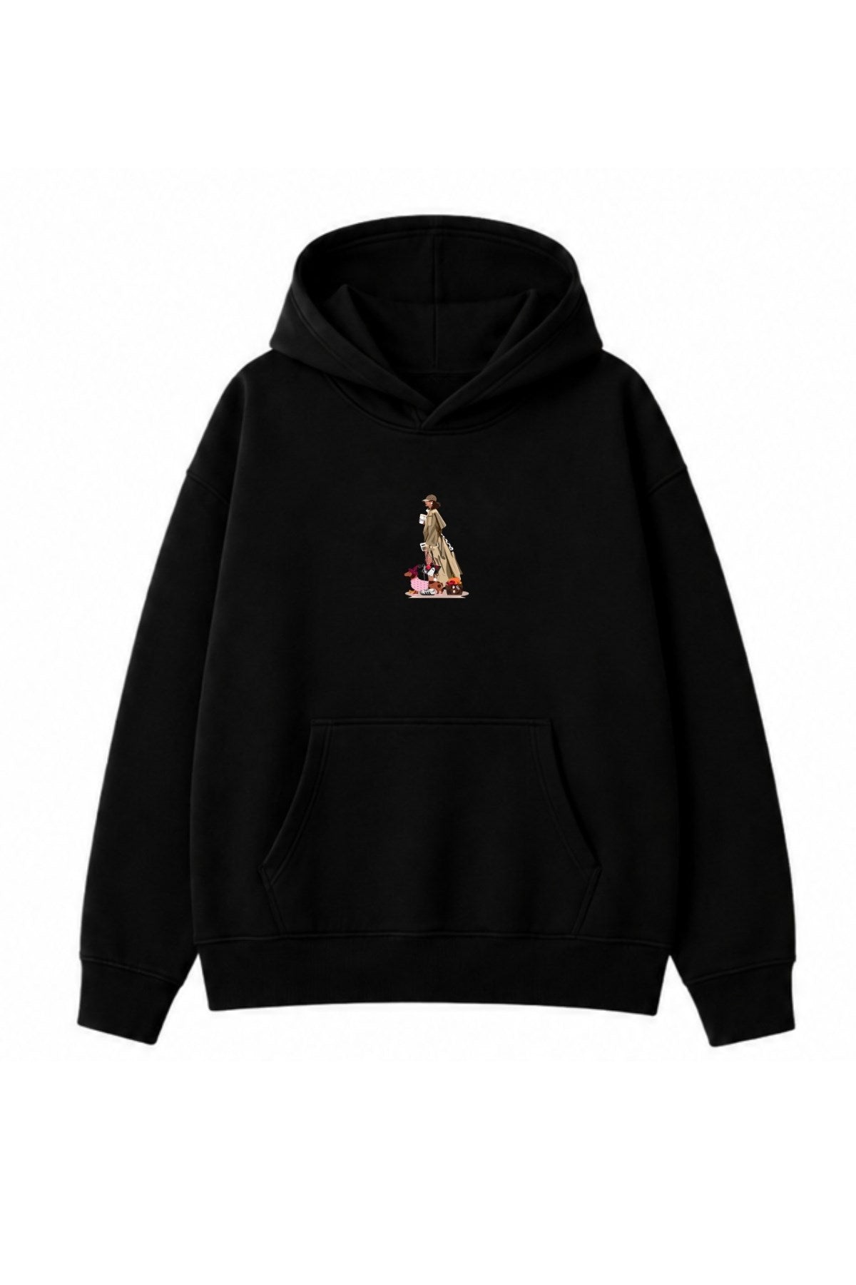 Kadın Oversize Hoodie City Walk Baskılı Siyah – Kapüşonlu, Kanguru Cepli, 3 İplik Polar
