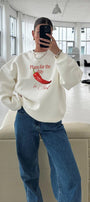 Kadın Oversize Sweatshirt Be Hot Baskılı Beyaz – Bisiklet Yaka, 3 İplik Şardonlu Polar