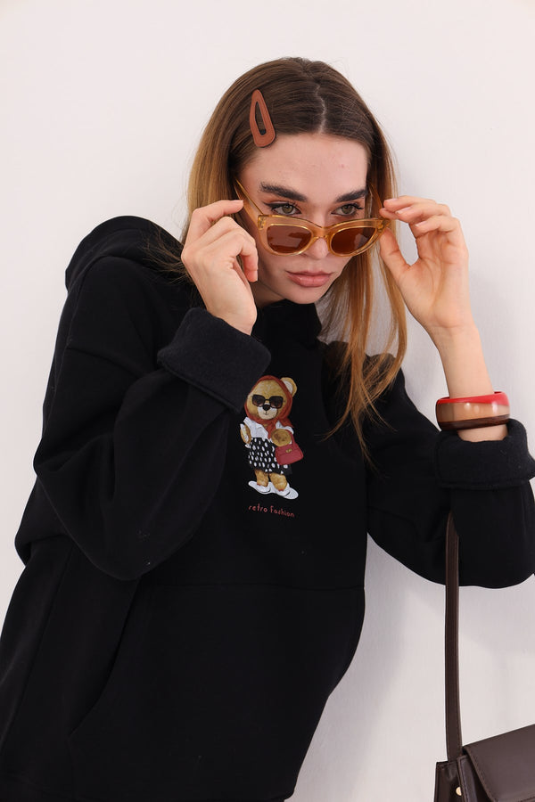 Siyah Kapüşonlu Puantiyeli Ayıcık Baskılı Oversize Unisex Sweatshirt