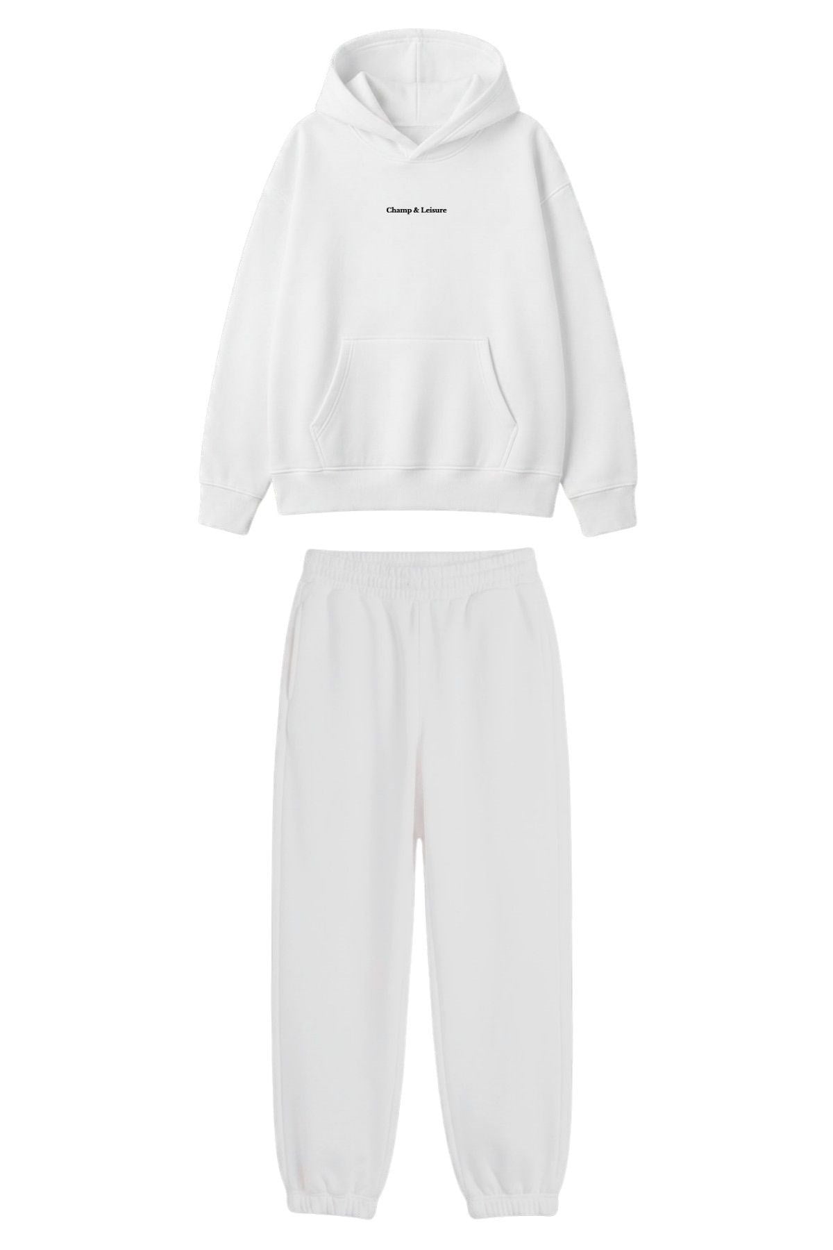 Unisex Oversize Eşofman Takımı Champ & Leisure Baskılı Beyaz – 3 İplik, Kapüşonlu Üst, Lastikli Alt